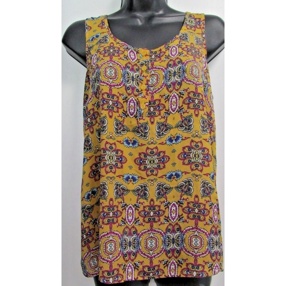 Pink Rose Tank Top Small Yellow Paisley Sleeveless Casual Blouse